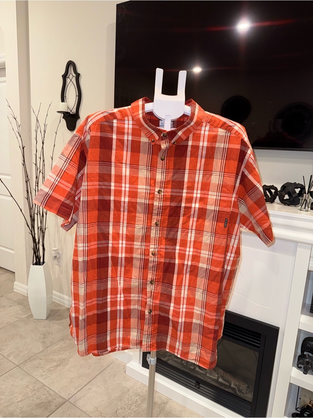 Columbia Men's Orange Red Plaid Short-Sleeve Button-Down Shirt Size XXL